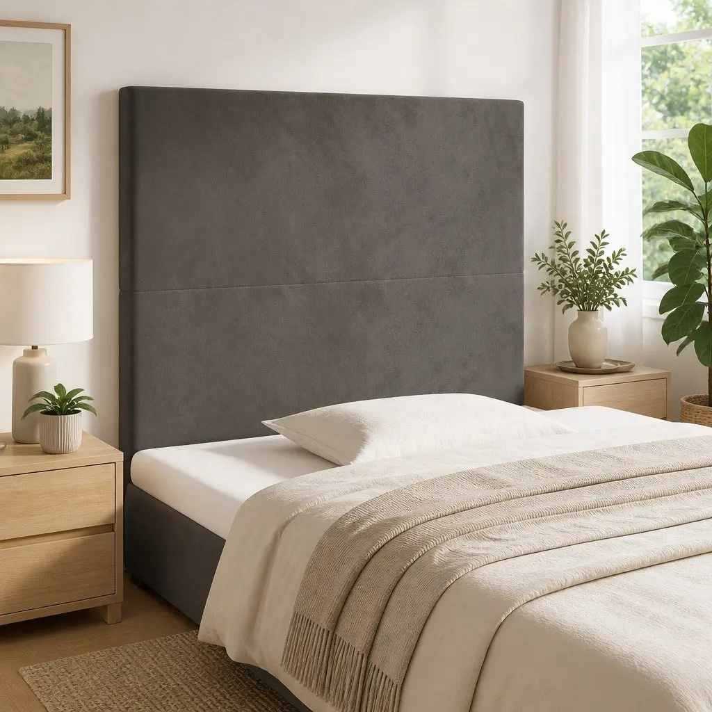 Velvet Headboard Adjustable Height Dark Grey Bedroom Bed Back with Wooden Legs