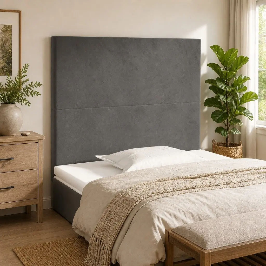Velvet Headboard Adjustable Height Grey Wooden Legs Bedroom Furniture