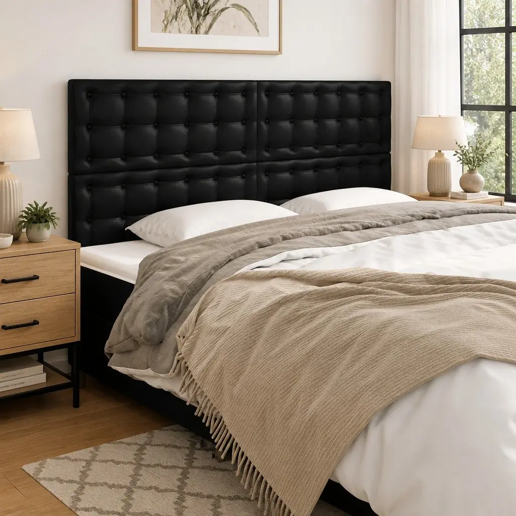 Faux Leather Headboard Black Adjustable Height 160cm with Wooden Legs