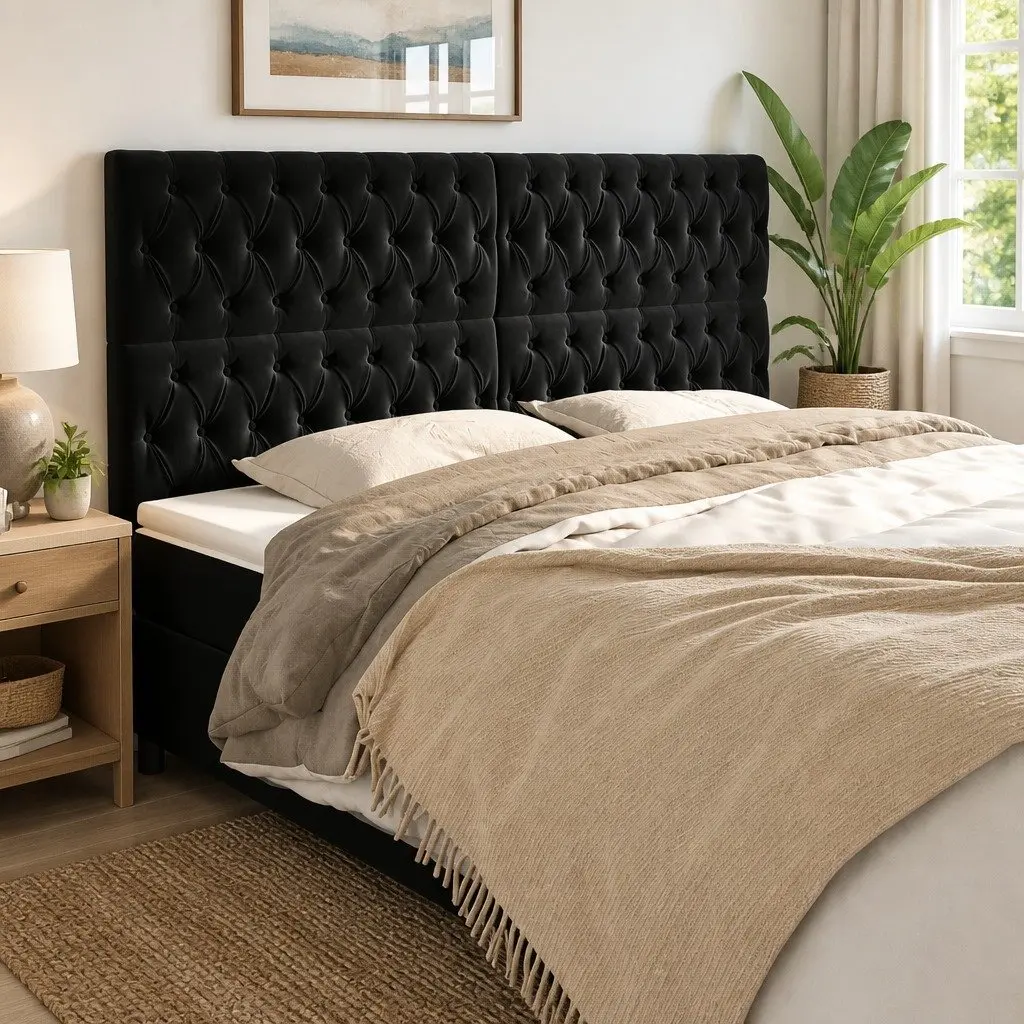 Velvet Headboard Black 200cm Adjustable Height Bedroom Support