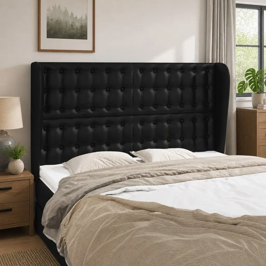 Headboard Black Faux Leather Adjustable Height Wooden Legs