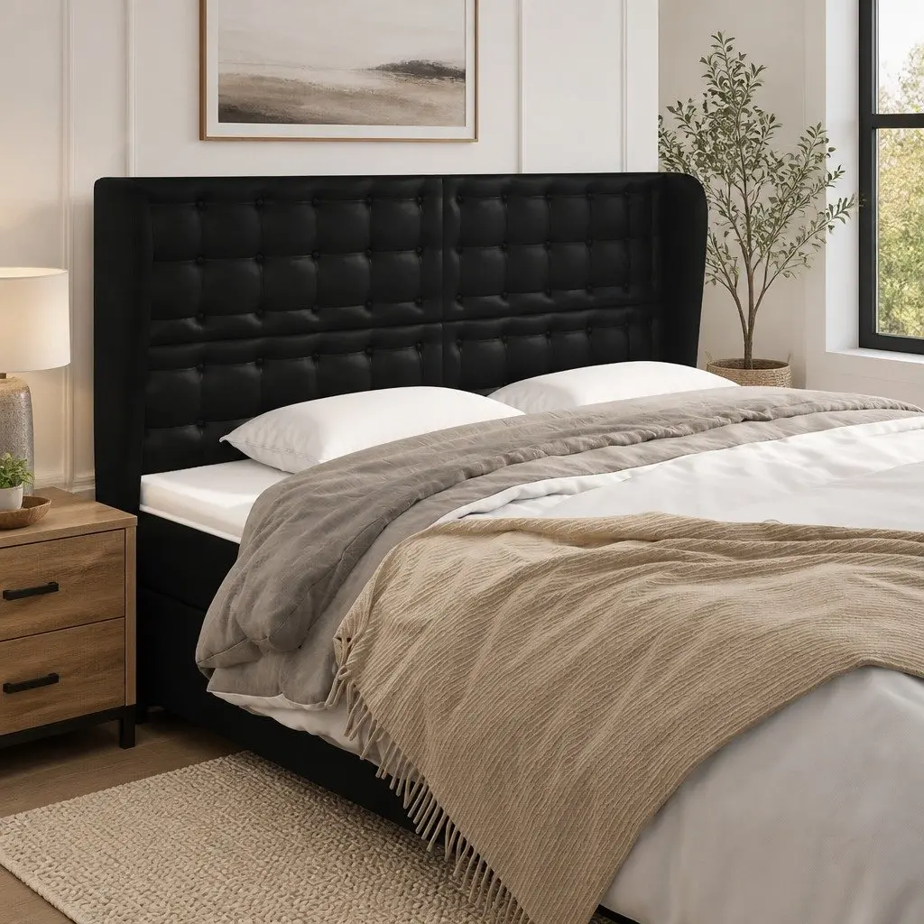 Faux Leather Headboard with Ears Black 203cm Bed Backrest Support