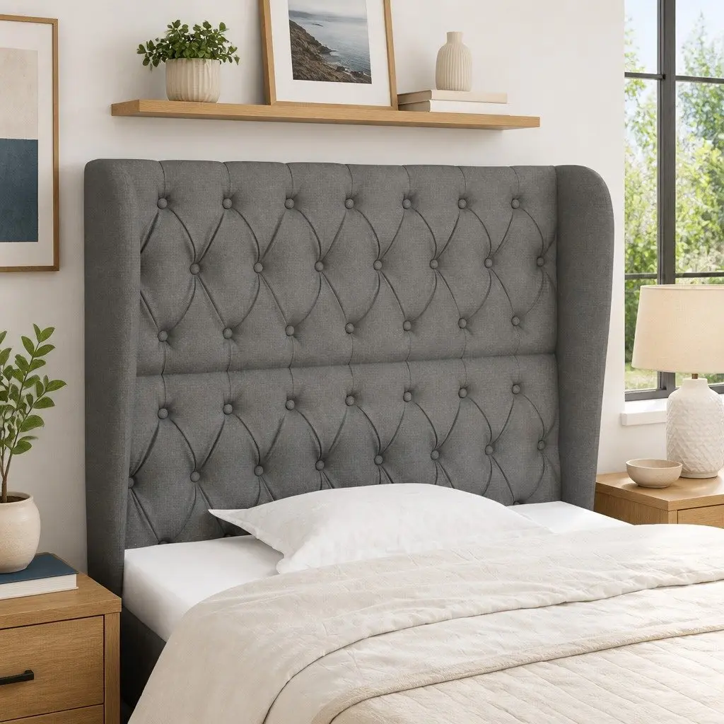 Dark Grey Fabric Headboard with Ears 103cm Adjustable Height Bed Support