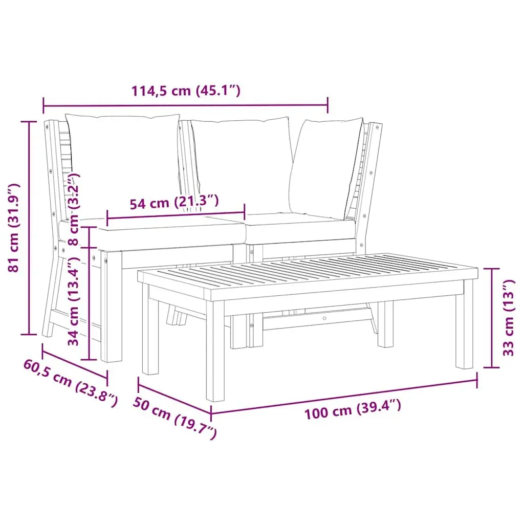Outdoor Sectional Sofa Set 3 Piece Garden Lounge Seating with Cushions Acacia