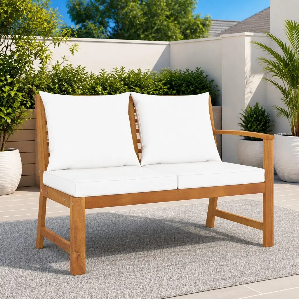 Garden Bench Outdoor Seating 114.5cm Brown Acacia Wood with Cream Cushion