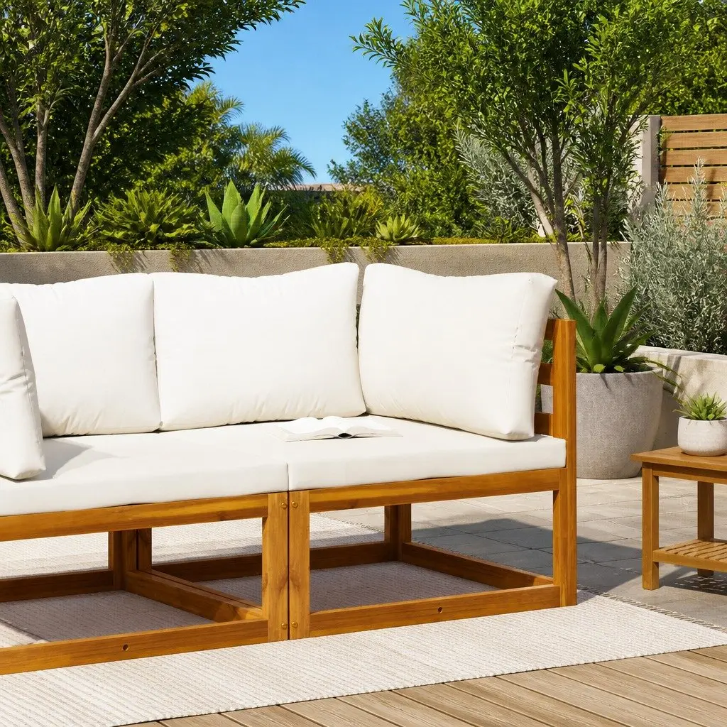 Outdoor Sectional Corner Sofa Modular Acacia Wood Garden Seating with Cream Cushions