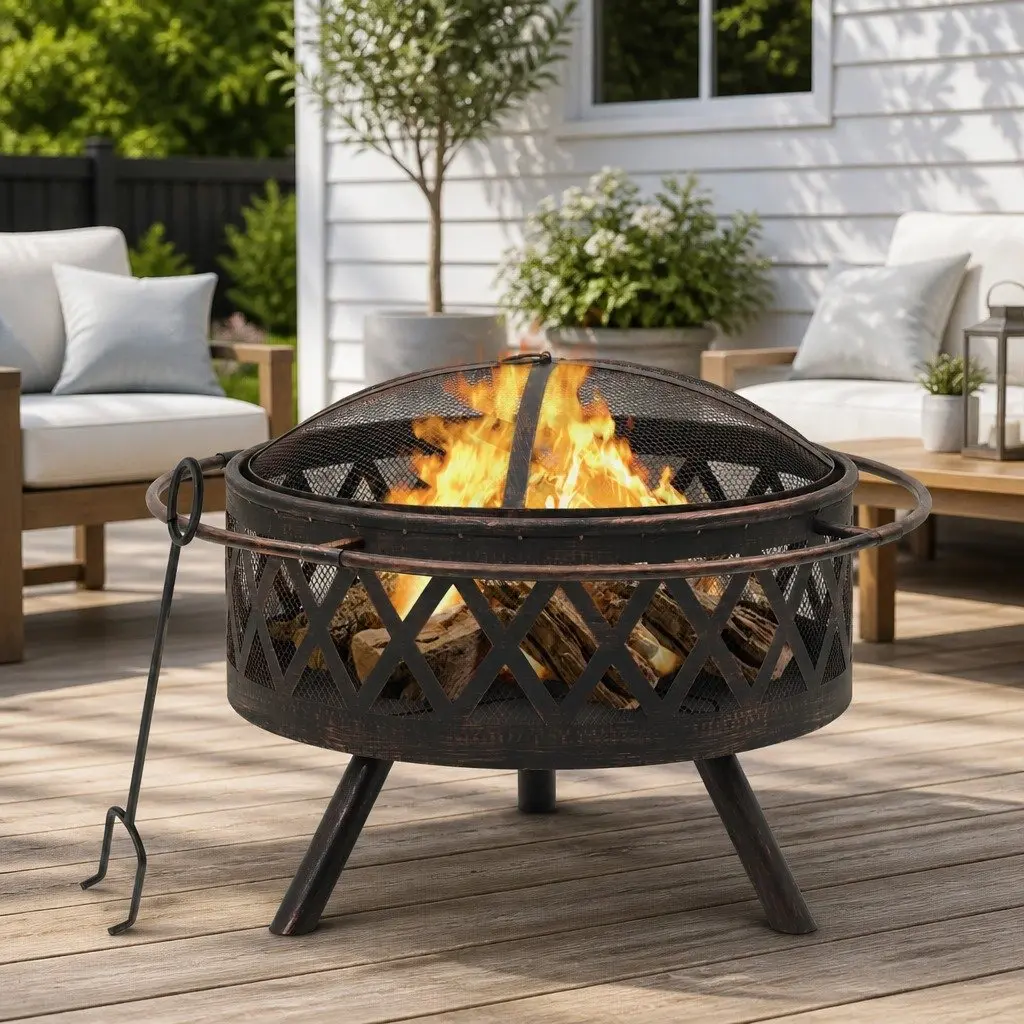 Fire Pit Outdoor Heating 76cm Rustic Steel Bowl Black