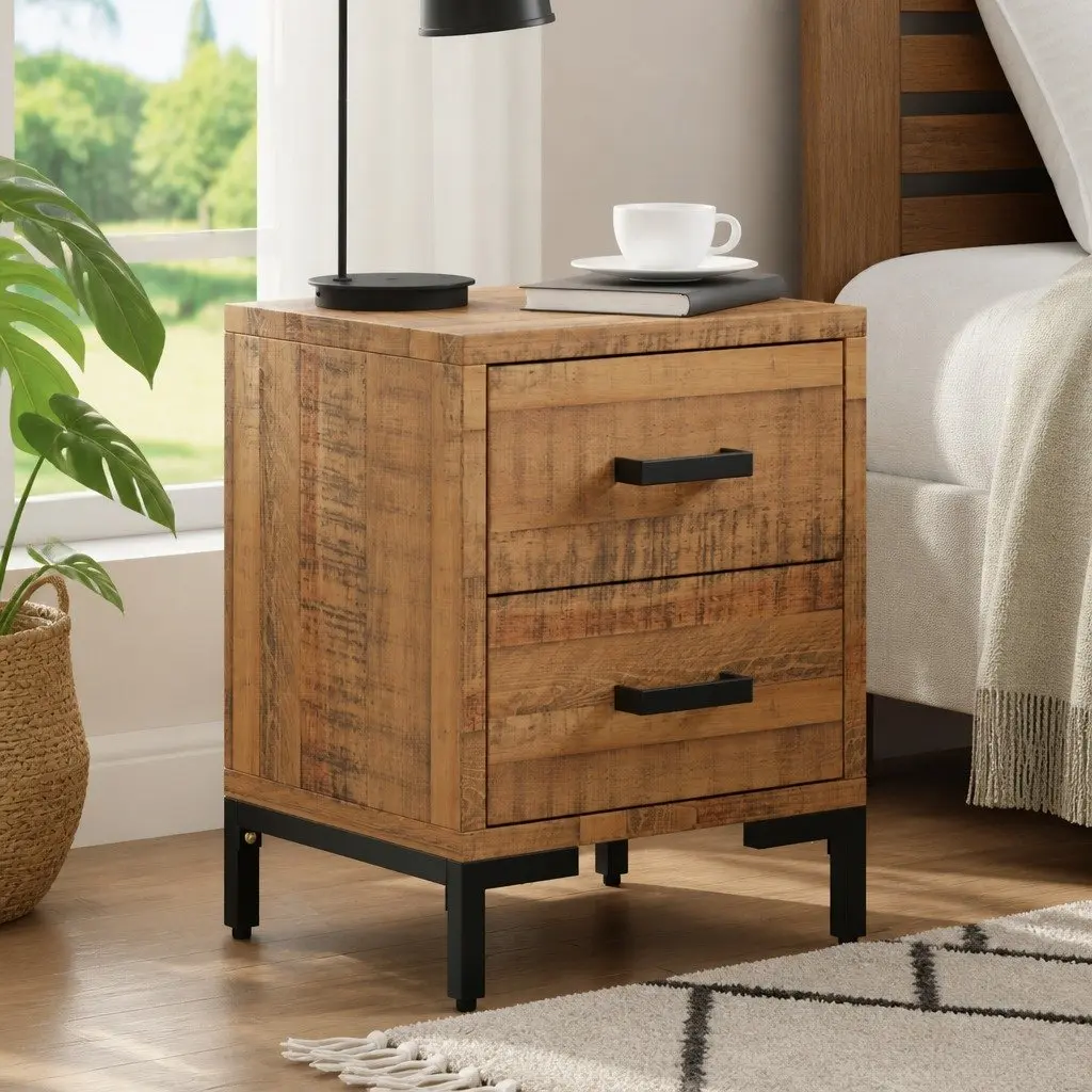 Solid Wood Nightstand with 2 Drawers