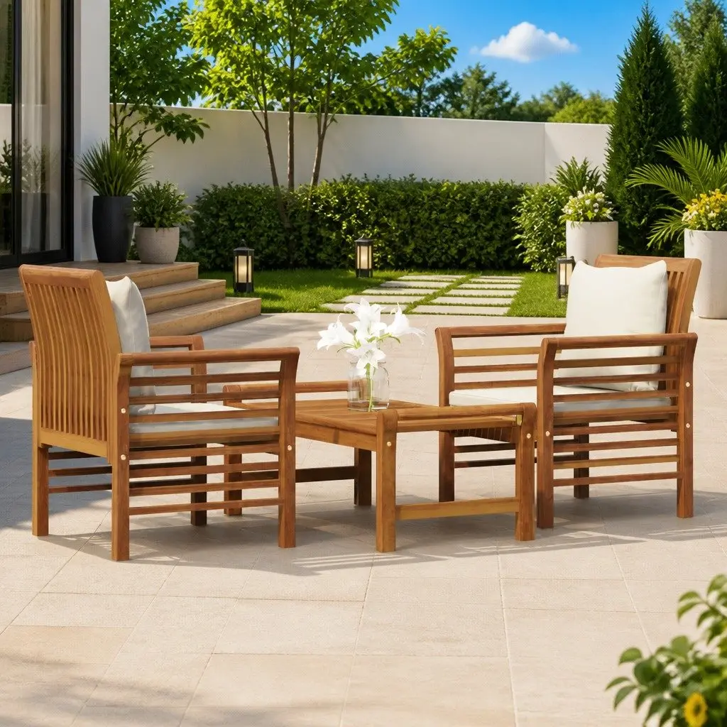 3 Piece Garden Lounge Set Outdoor Furniture Brown Wood with Cushions