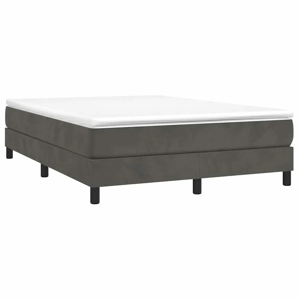 Box Spring Bed Frame Double Grey Velvet Upholstery Plywood Slats Sturdy Legs