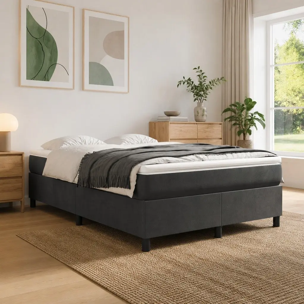Queen Size Bed Frame Dark Grey Velvet Upholstered