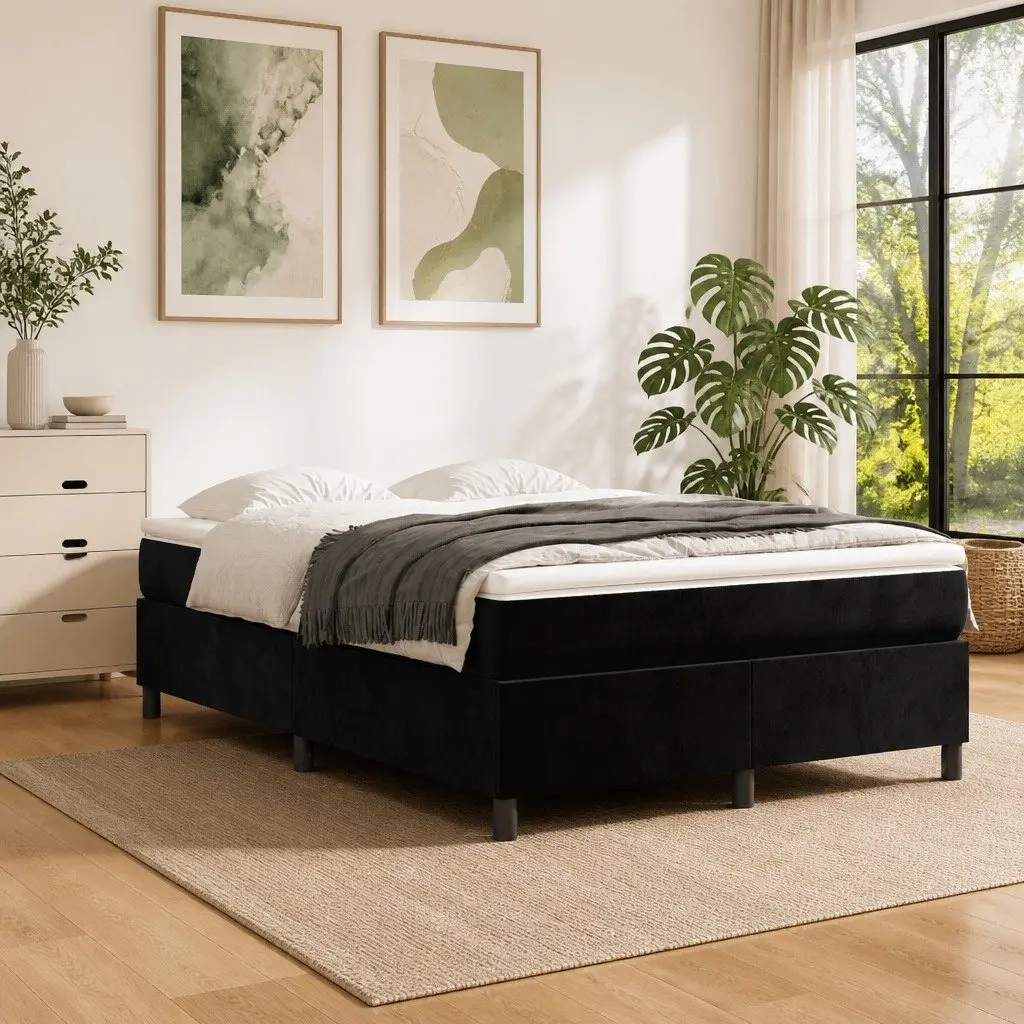 Queen Size Upholstered Bed Frame Black Velvet Box Spring for Bedroom Furniture