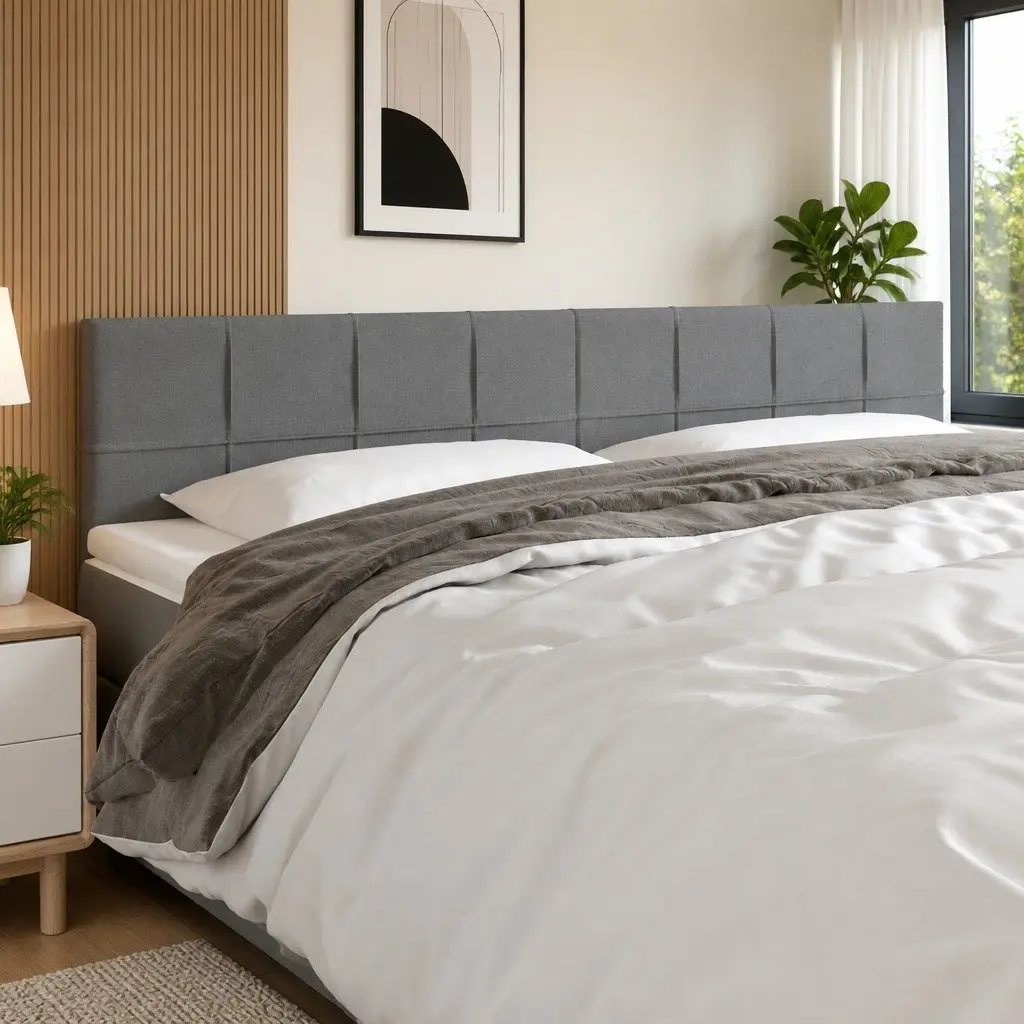 LED Headboard Adjustable Height 200cm Grey Fabric Modern Bedroom Wall Mount