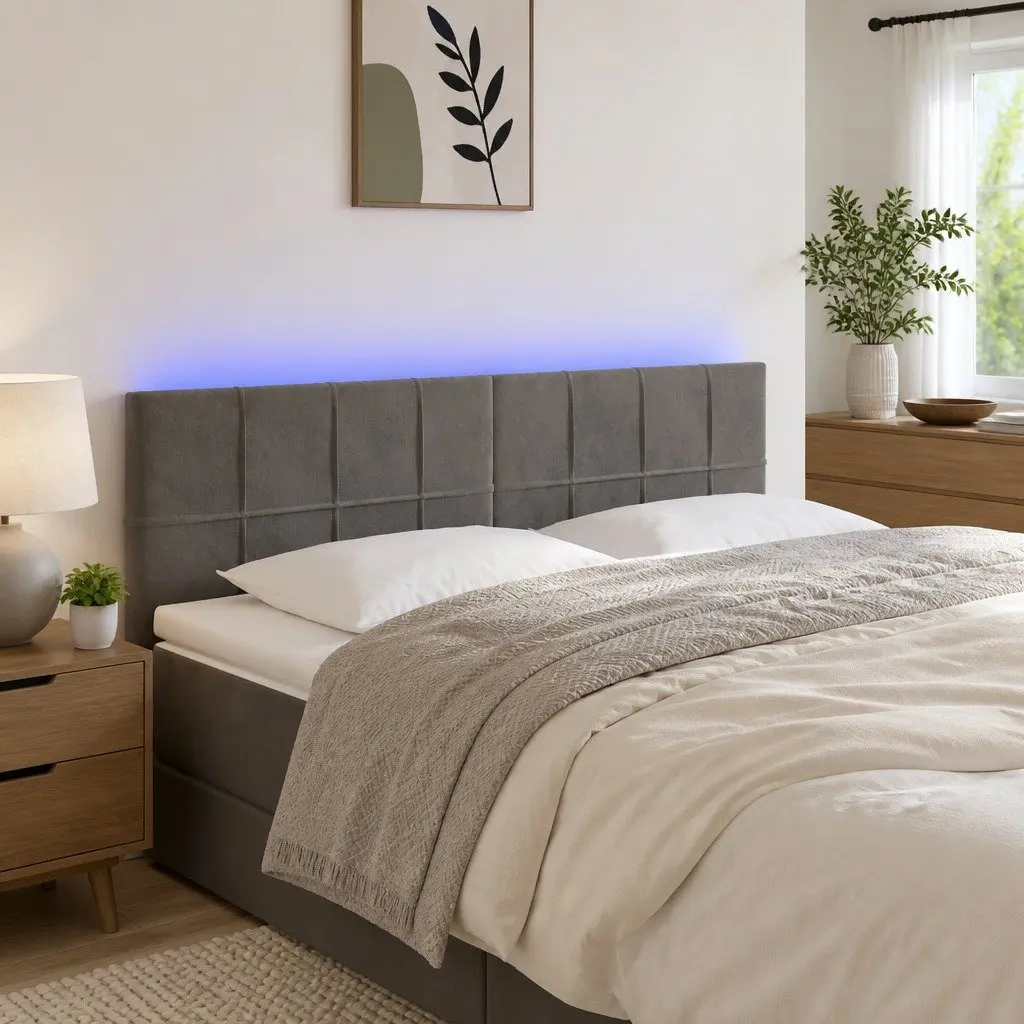 LED Headboard Back Support 144cm Dark Grey Velvet Modern Bedroom Furniture
