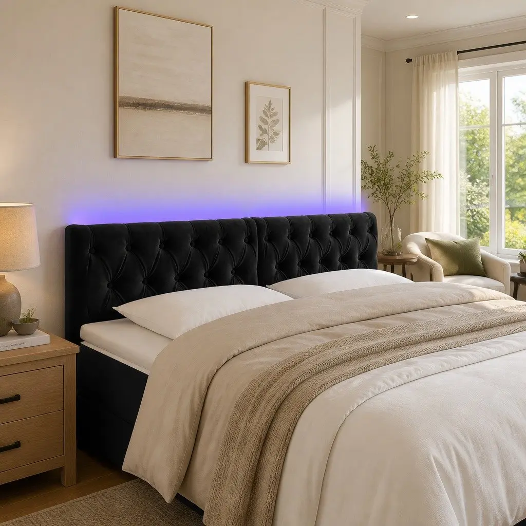 LED Headboard Bed Frame 144 cm Black Velvet Modern Bedroom Upholstered