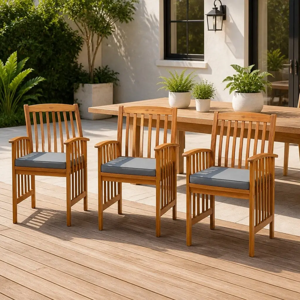 Outdoor Dining Chairs Set of 3 Cushions Solid Acacia Wood Grey
