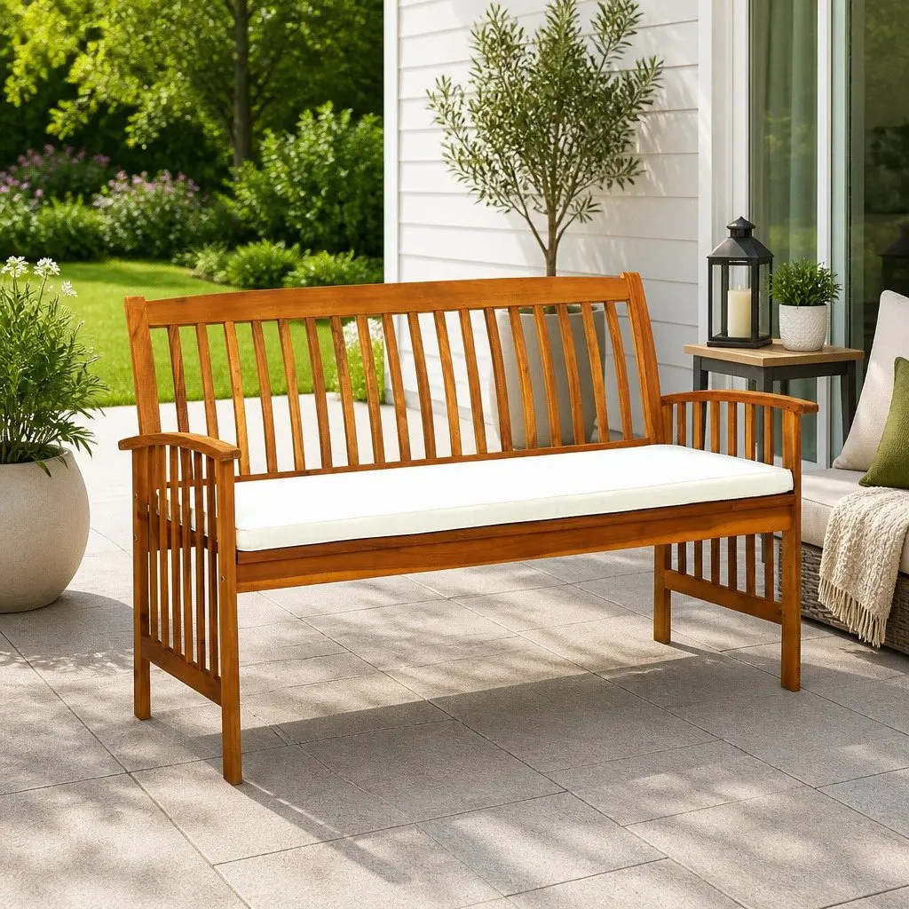 Garden Bench with Cushion 147cm Outdoor Patio Seat Acacia Wood Arm Bench