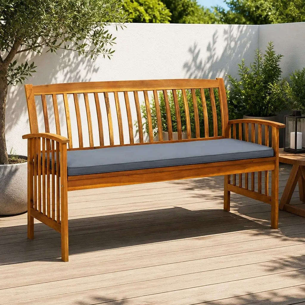Garden Bench Outdoor Seating 147cm Solid Acacia Wood with Grey Cushion