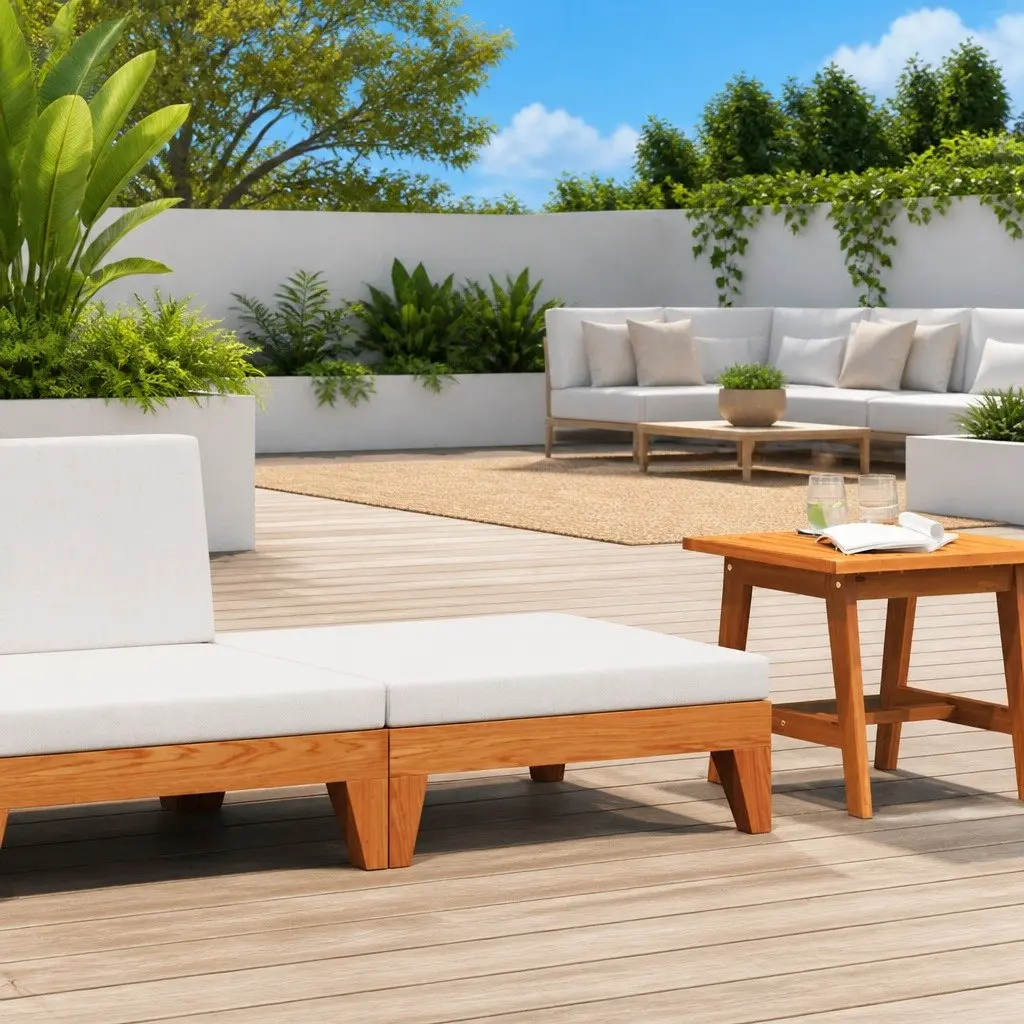 Outdoor Footrest Ottoman with Cushion Solid Wood Garden Patio White