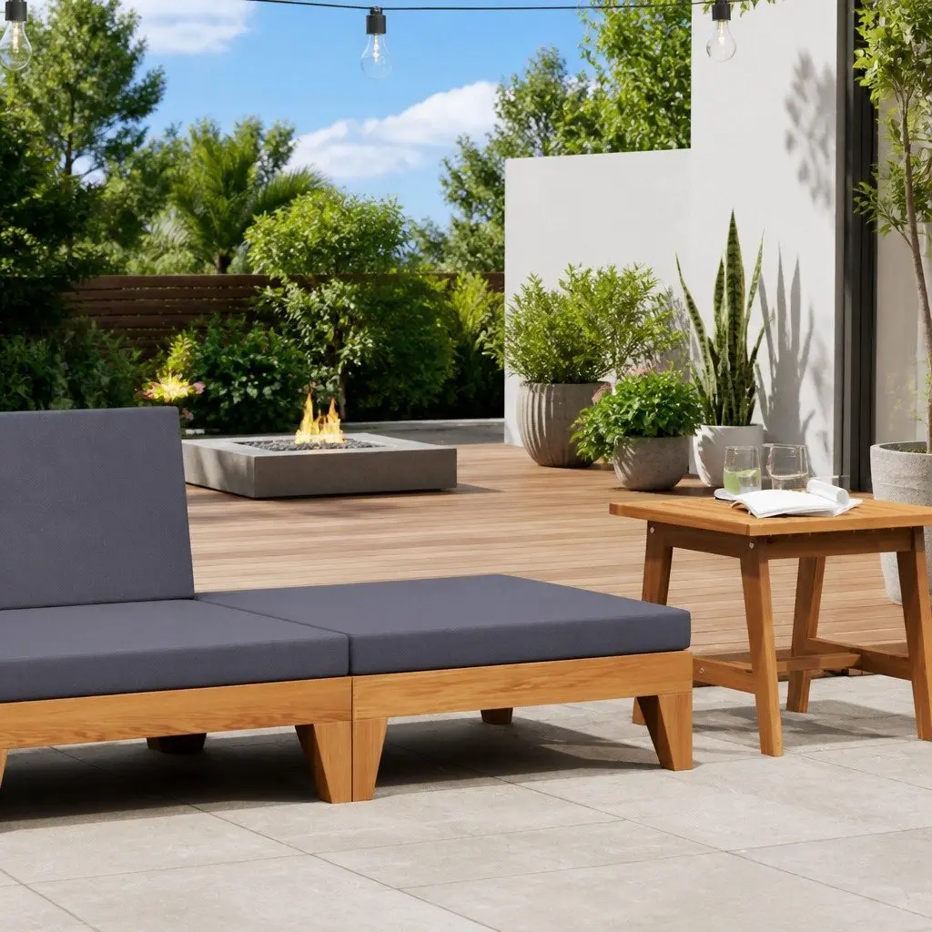 Outdoor Footrest Ottoman Acacia Wood Grey Cushion