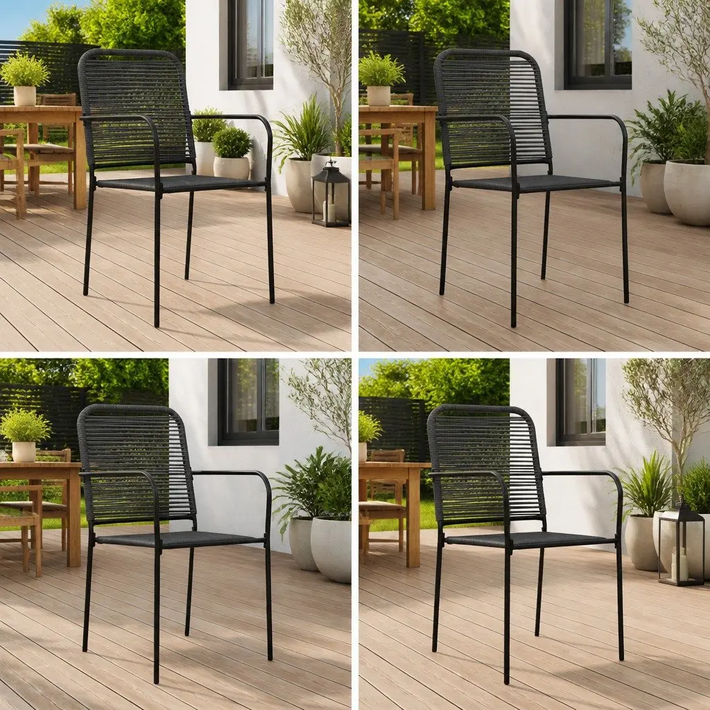 Outdoor Garden Chairs Set 4 Piece Minimalist Cotton Rope Steel Frame Black