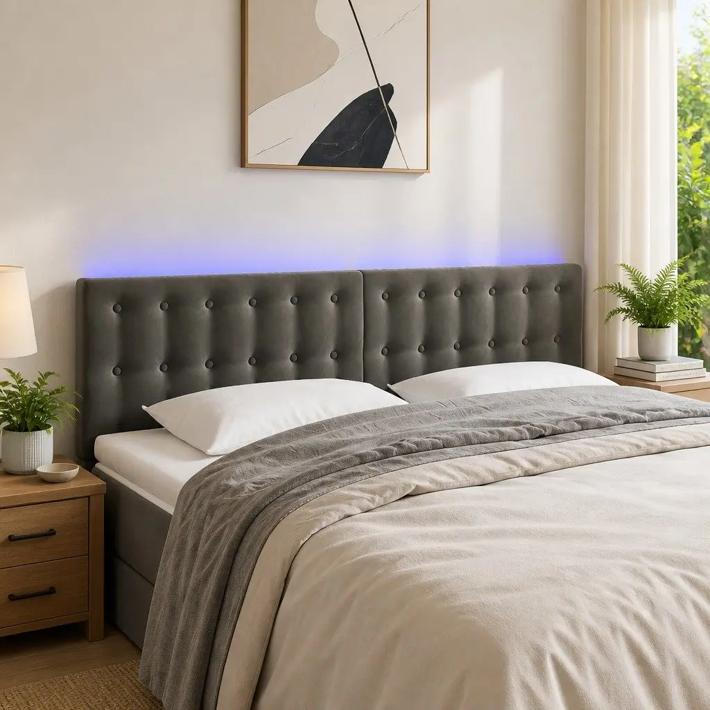 LED Headboard Dark Grey 144cm Velvet Bed Backrest Modern Bedroom Furniture