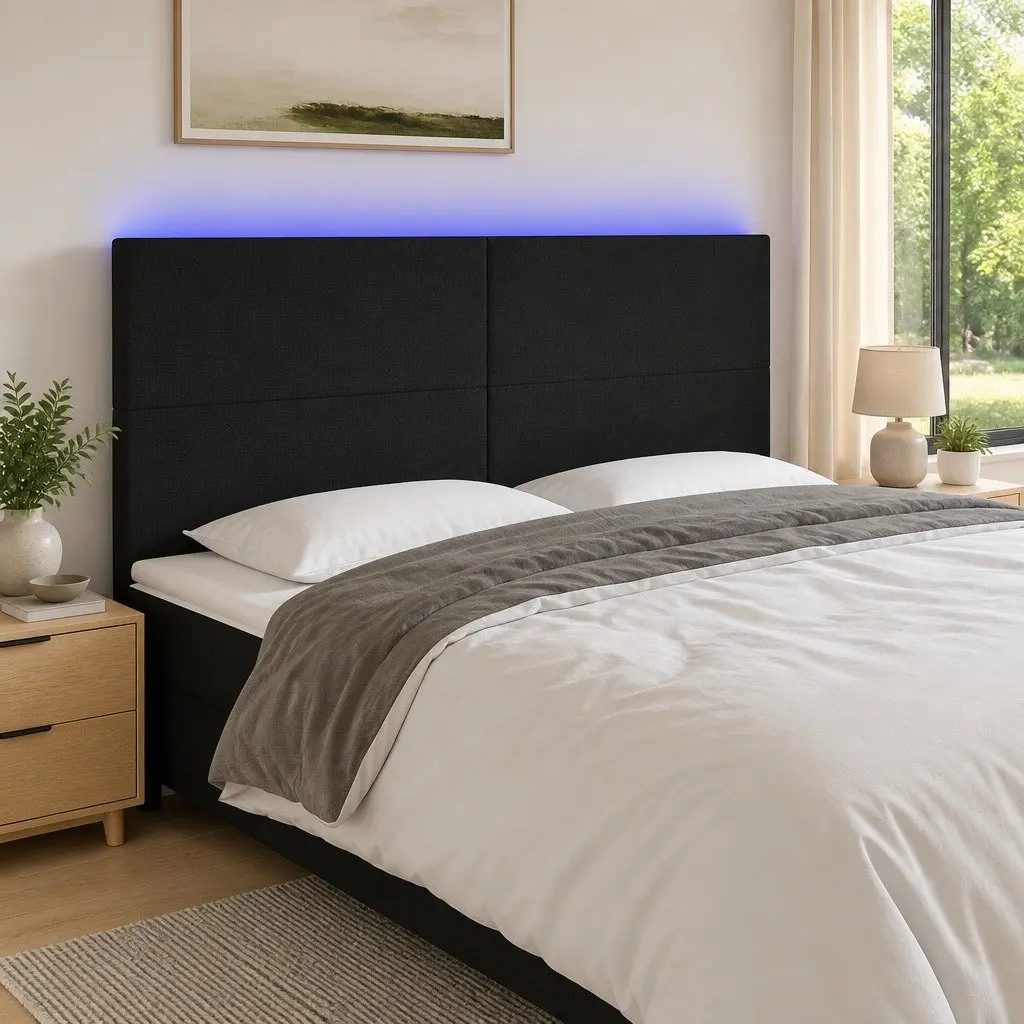 Adjustable Height LED Headboard Black Fabric 160cm Colourful Lighting