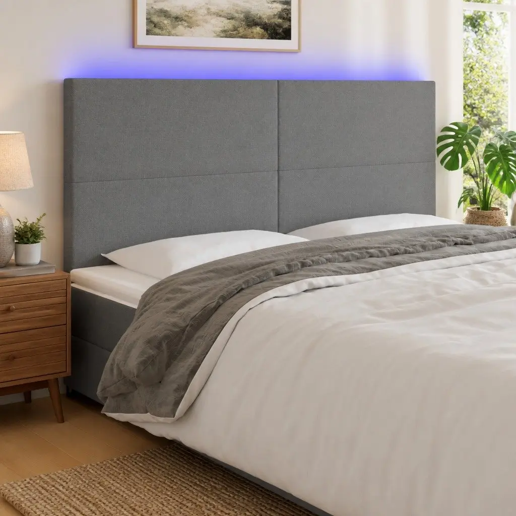 LED Headboard 200 cm Grey Fabric Bed with Adjustable Height Colourful Lights