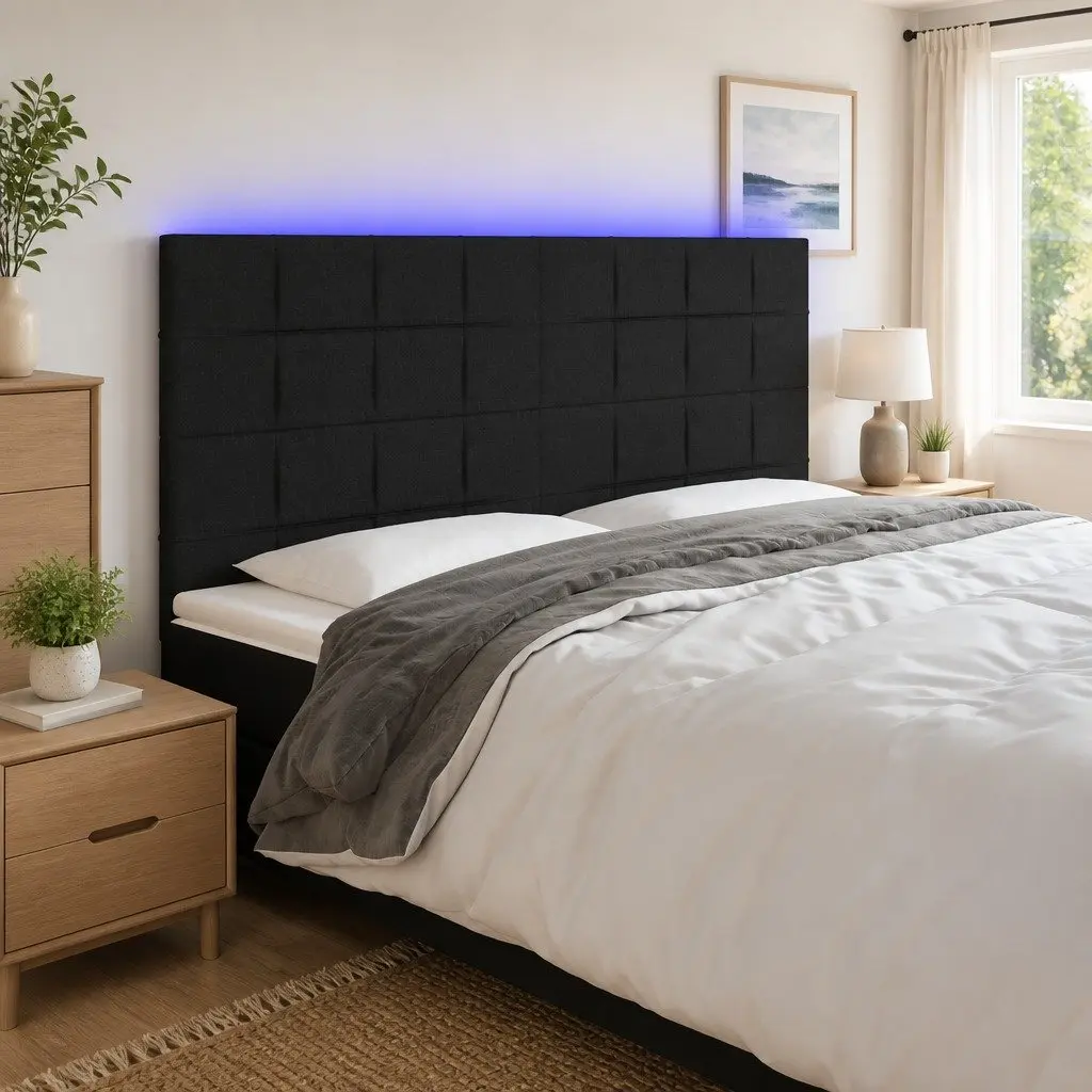 Adjustable Height Black Fabric LED Headboard 160cm Modern Bedroom Wall Mount