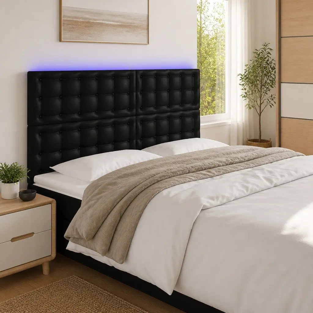 LED Headboard in Black Faux Leather