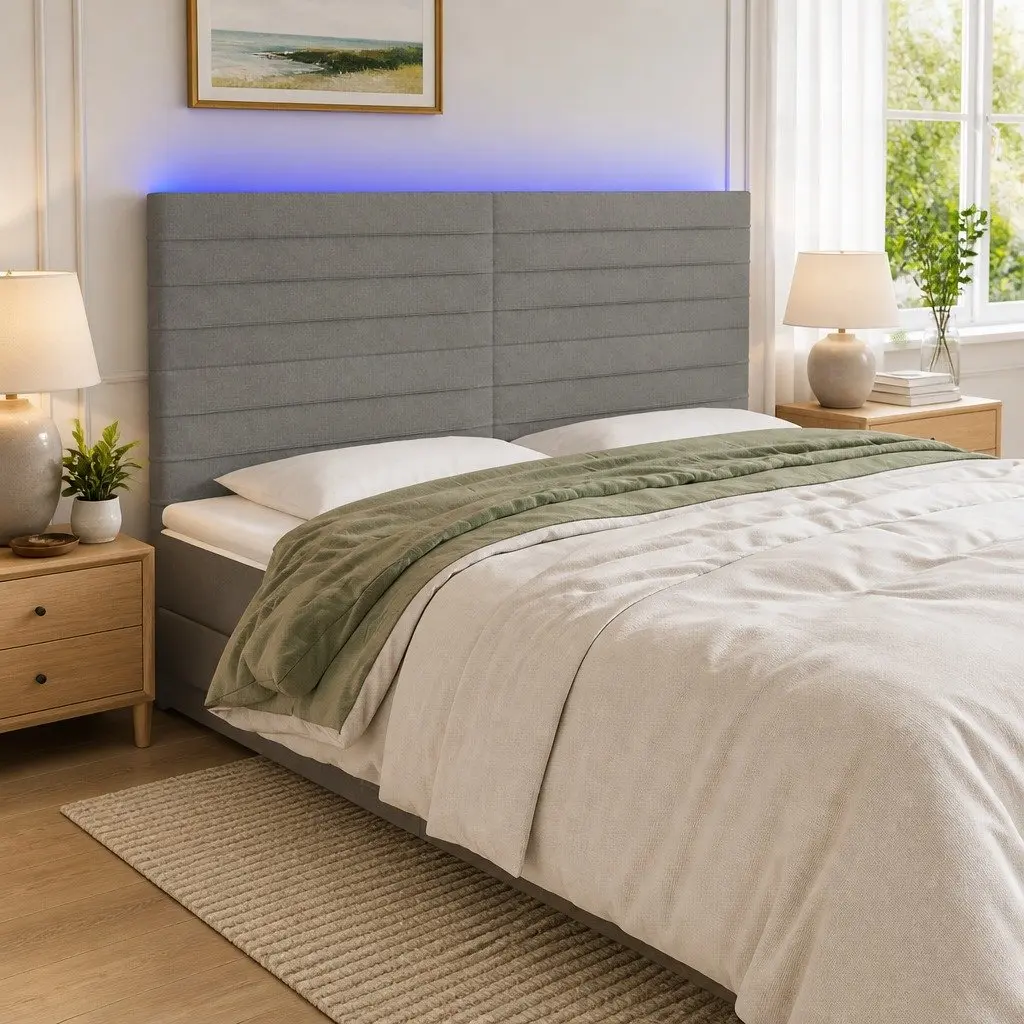 Fabric Bed Headboard Modern LED Dark Grey Adjustable Height 160cm