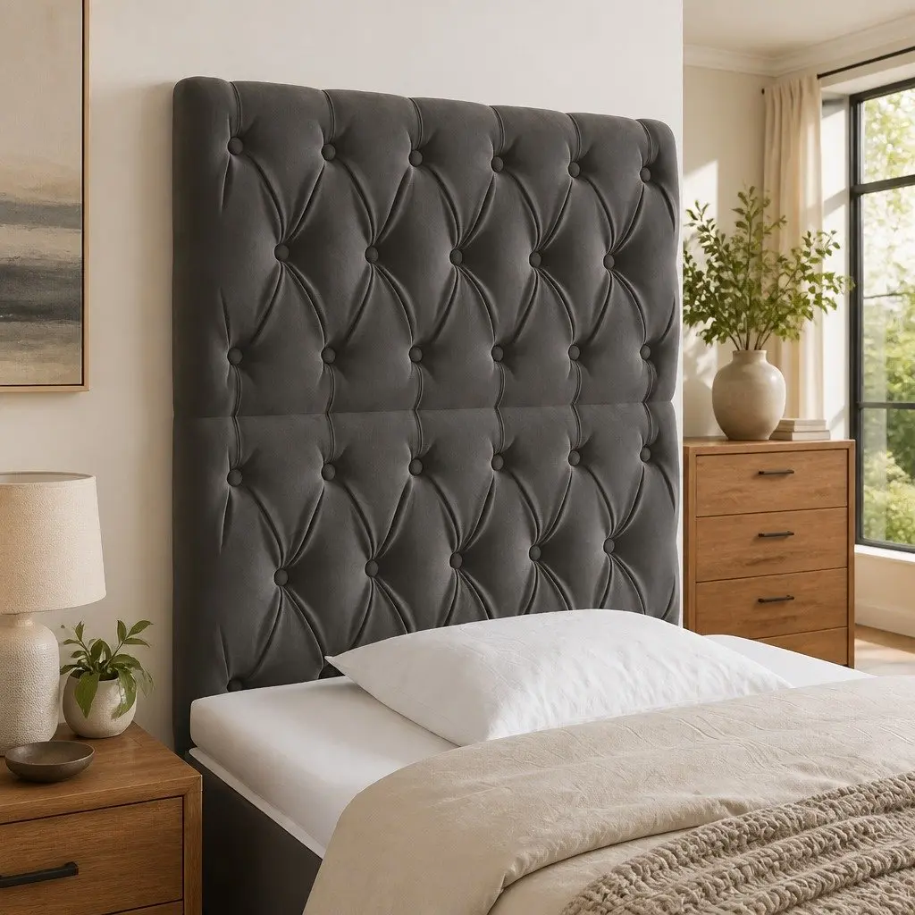 LED Headboard Velvet Bed Frame 80 cm Grey Modern Bedroom