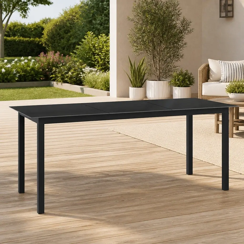 Garden Table Outdoor Dining Aluminium Frame Glass Top 190x90cm Black