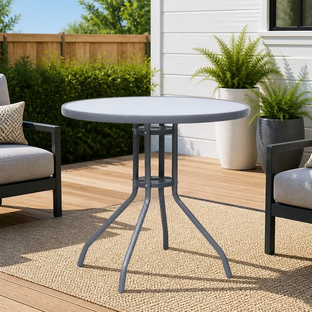 Round Garden Table Dining 80cm Glass Top Steel Frame Grey