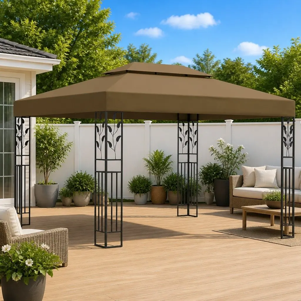 Outdoor Canopy Gazebo Double Roof 3x4m Taupe for Garden Events Backyard Weddings Parties BBQs