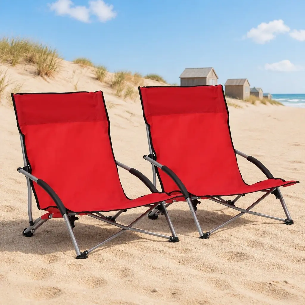 Folding Beach Chairs 2 Pieces Red Oxford Fabric Outdoor Camping Seating