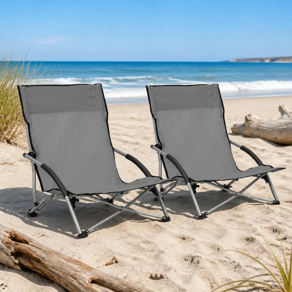 Folding Beach Chairs Outdoor Camping Seating 2 Piece Grey Lightweight Portable