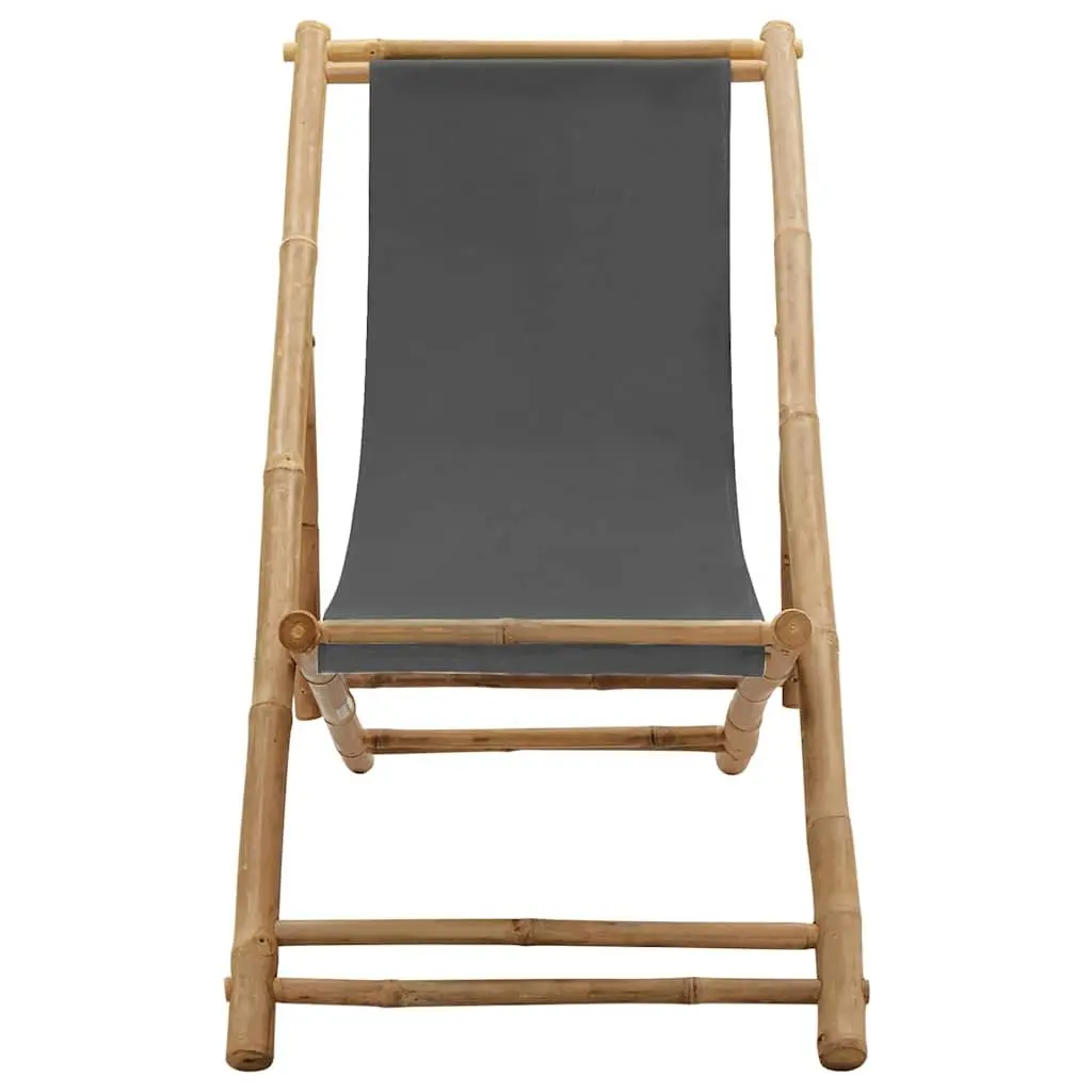 Deck Chair Bamboo Canvas Grey Outdoor Garden Beach Adjustable Folding Seating