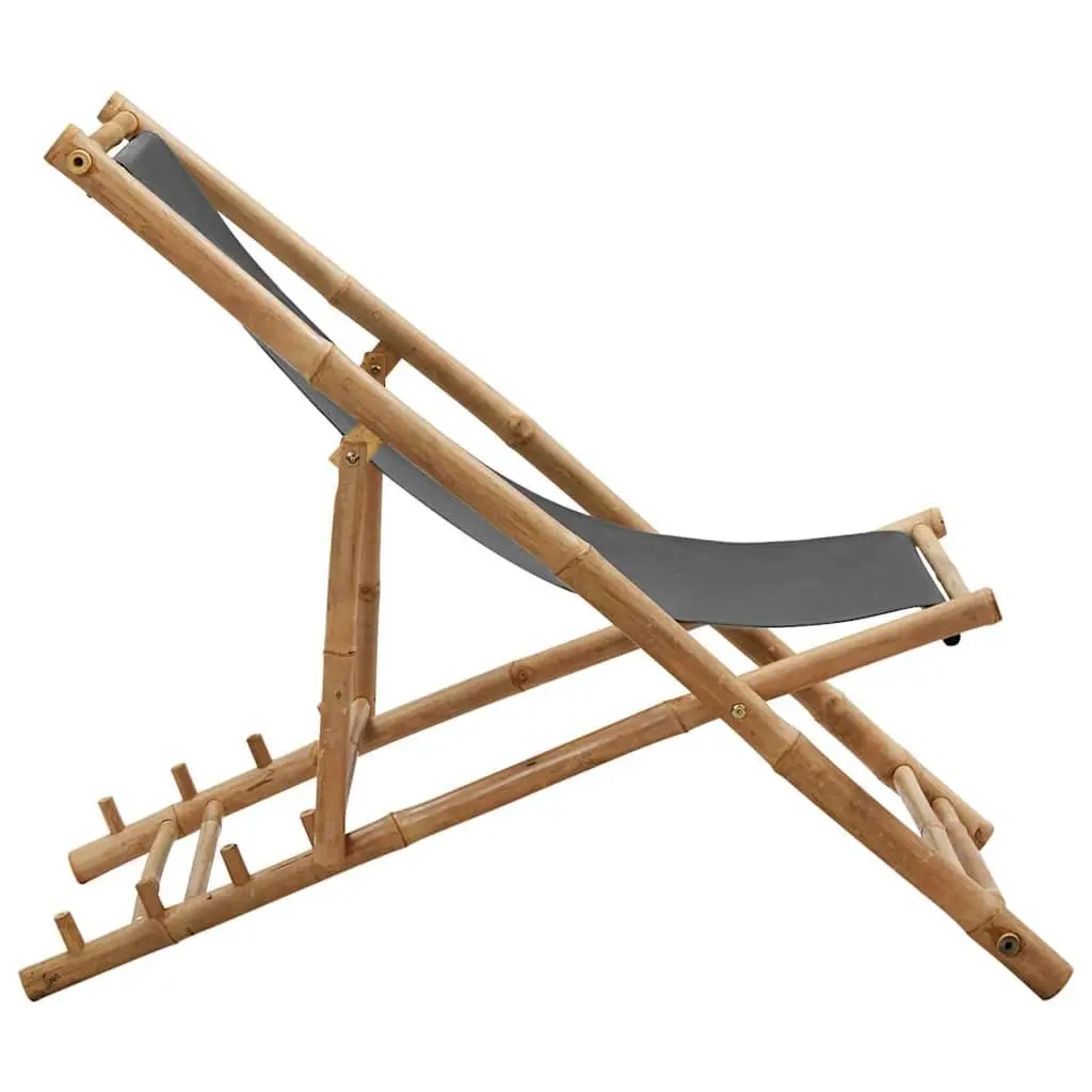 Deck Chair Bamboo Canvas Grey Outdoor Garden Beach Adjustable Folding Seating
