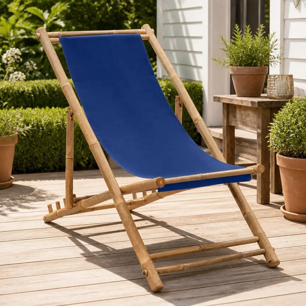 Navy Blue Bamboo Deck Chair for Outdoor Use