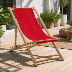 Outdoor Deck Chair Bamboo Canvas Red Garden Beach Camping Foldable 4-Position