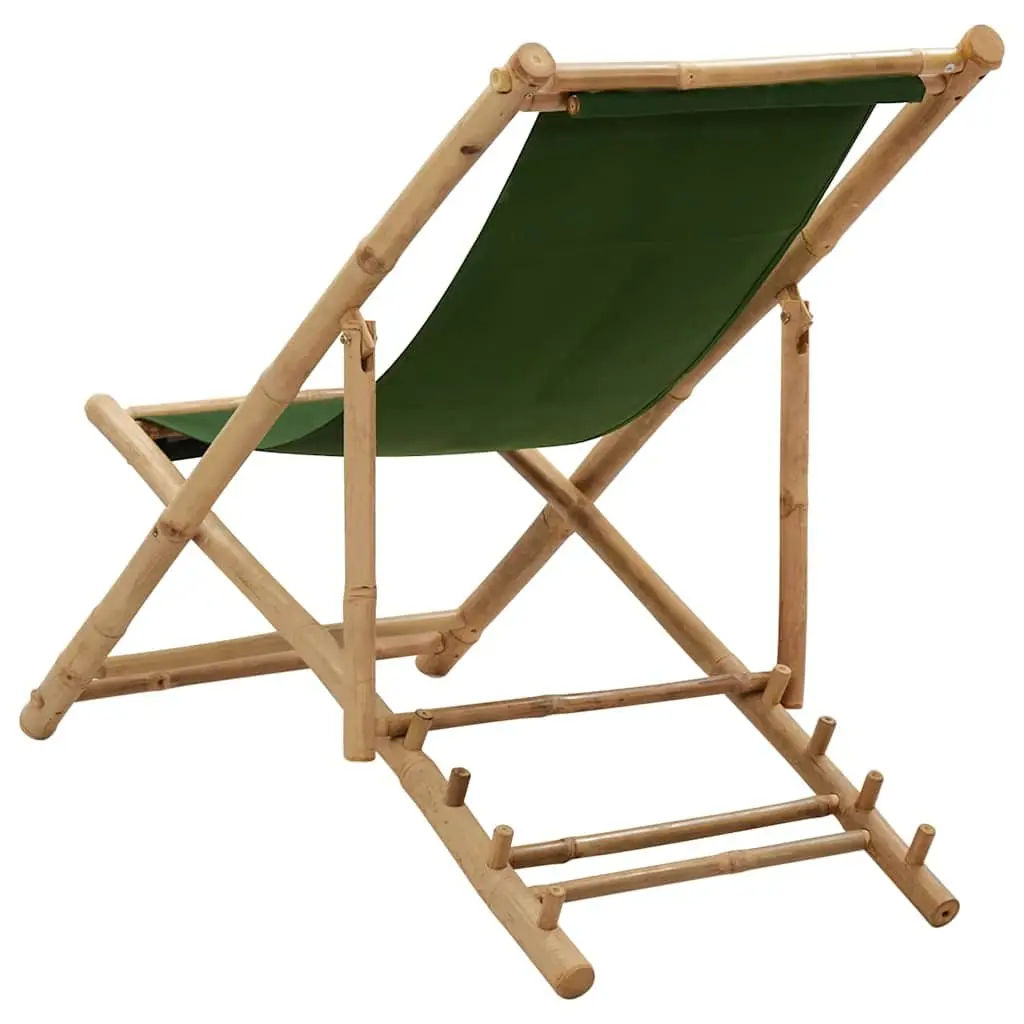 Deck Chair Bamboo Canvas Green Adjustable 4-Position Foldable Beach Garden