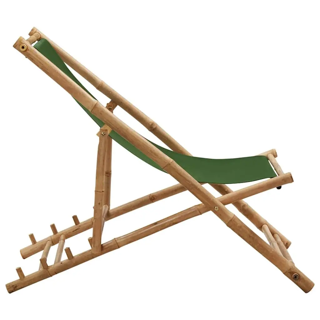 Deck Chair Bamboo Canvas Green Adjustable 4-Position Foldable Beach Garden