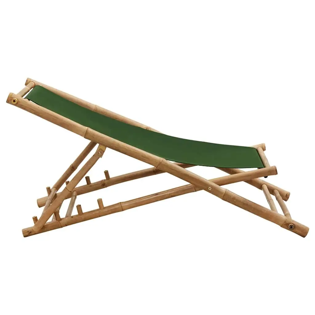 Deck Chair Bamboo Canvas Green Adjustable 4-Position Foldable Beach Garden
