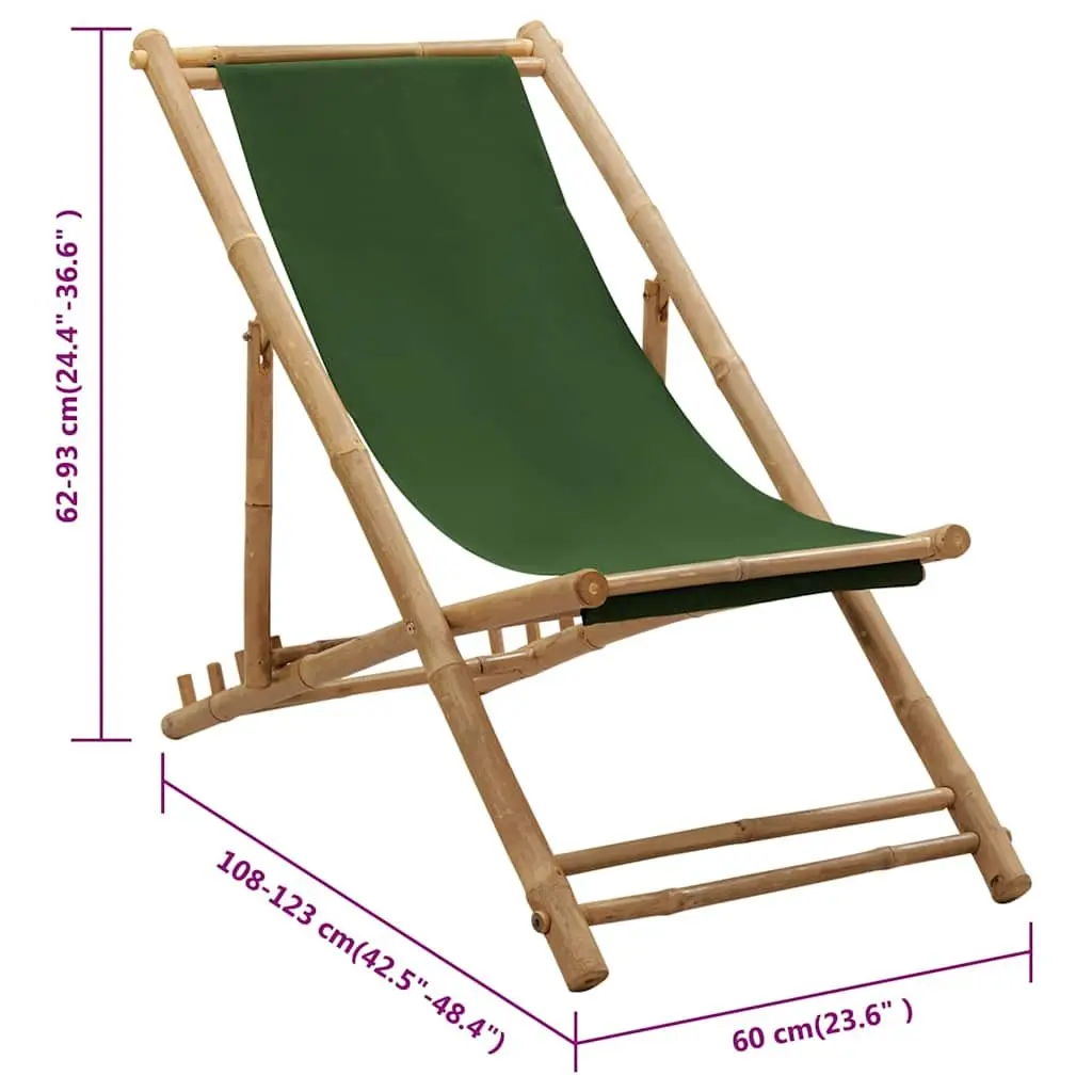 Deck Chair Bamboo Canvas Green Adjustable 4-Position Foldable Beach Garden