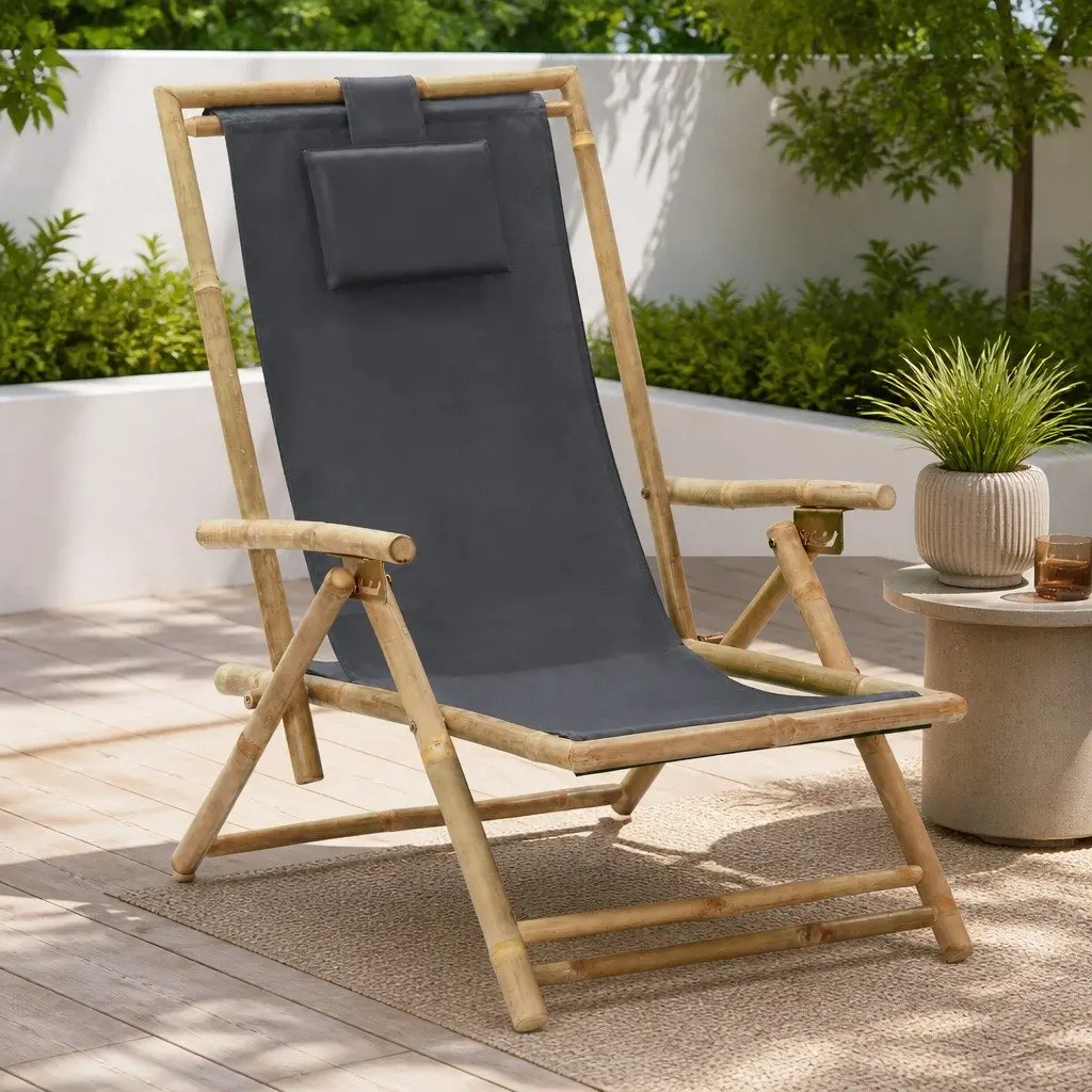 Folding Reclining Chair Outdoor Garden Seating Grey Fabric Bamboo Frame