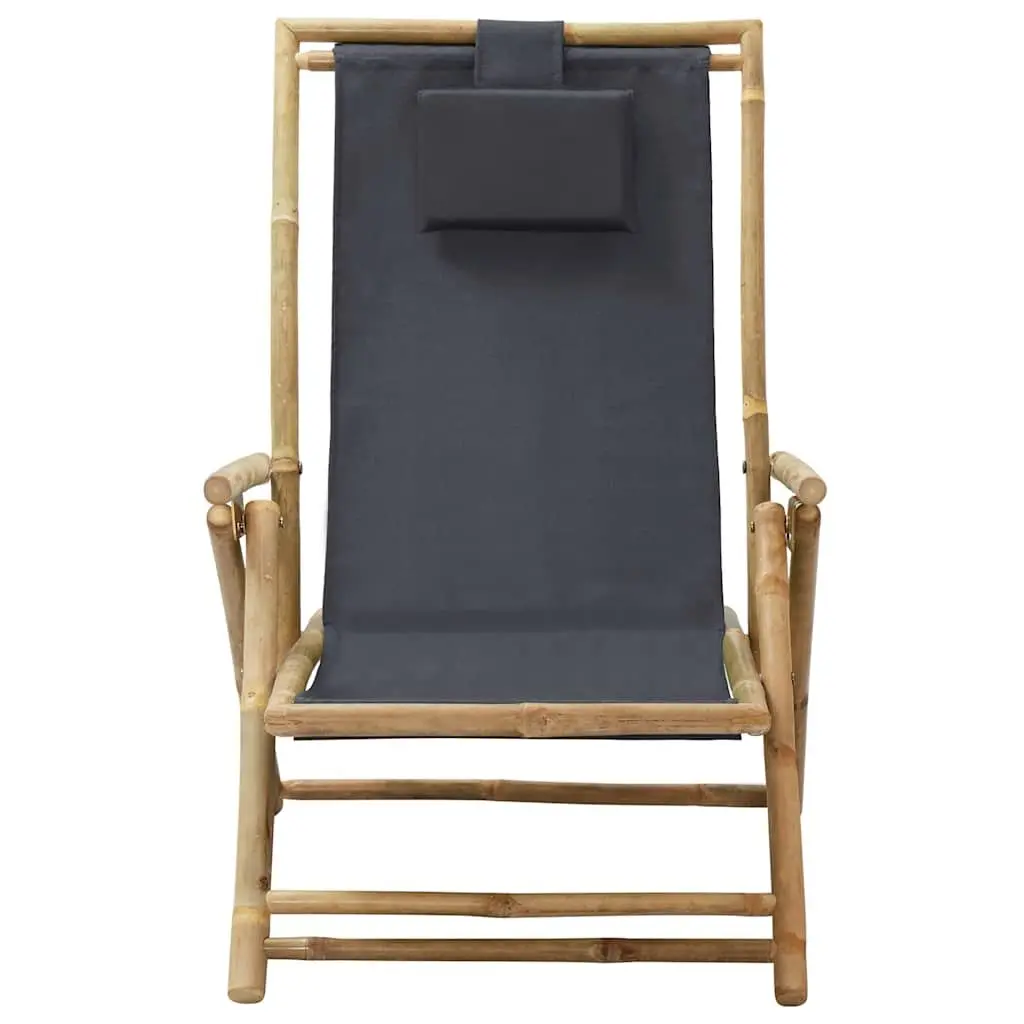 Folding Reclining Chair Outdoor Garden Seating Grey Fabric Bamboo Frame