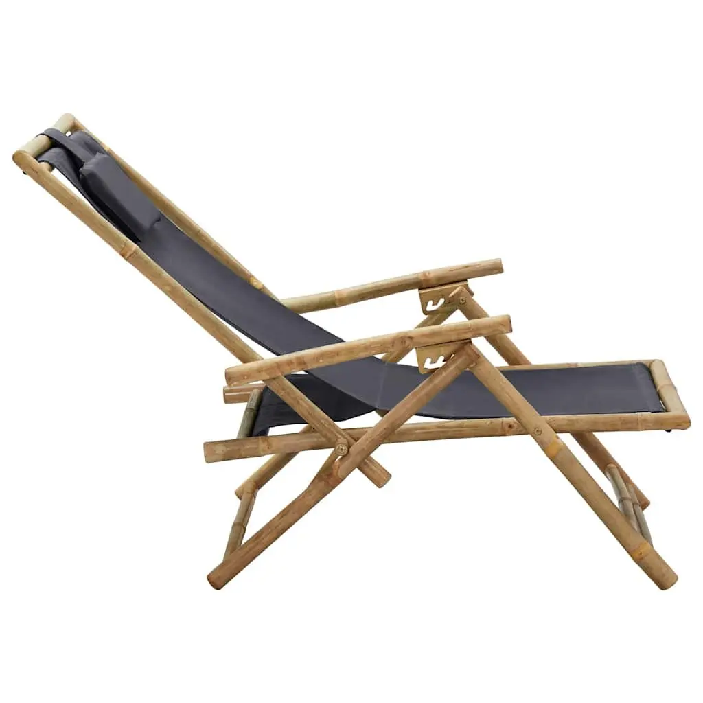 Folding Reclining Chair Outdoor Garden Seating Grey Fabric Bamboo Frame