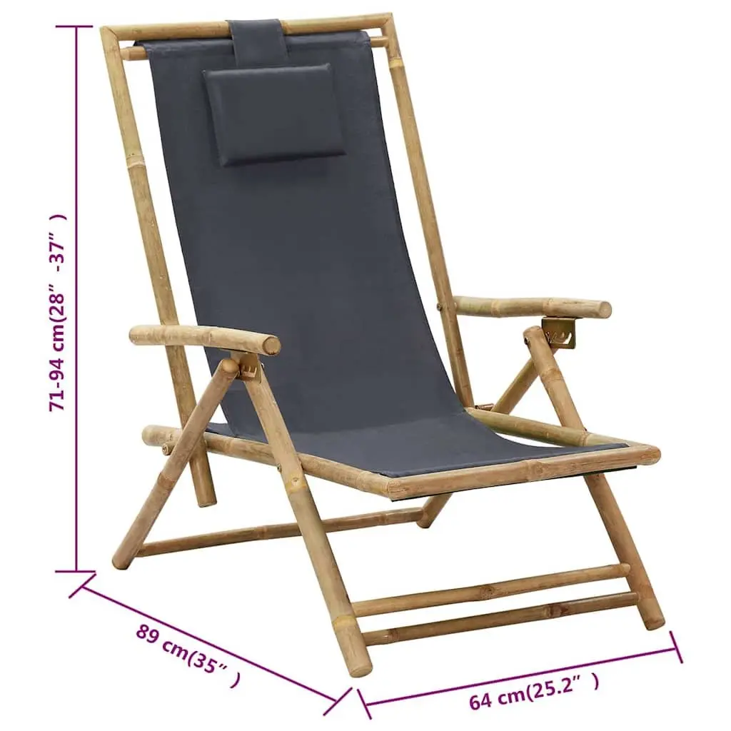 Folding Reclining Chair Outdoor Garden Seating Grey Fabric Bamboo Frame