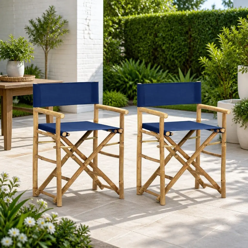 Folding Director's Chairs Outdoor Garden Seating 2 pcs Blue Bamboo Fabric